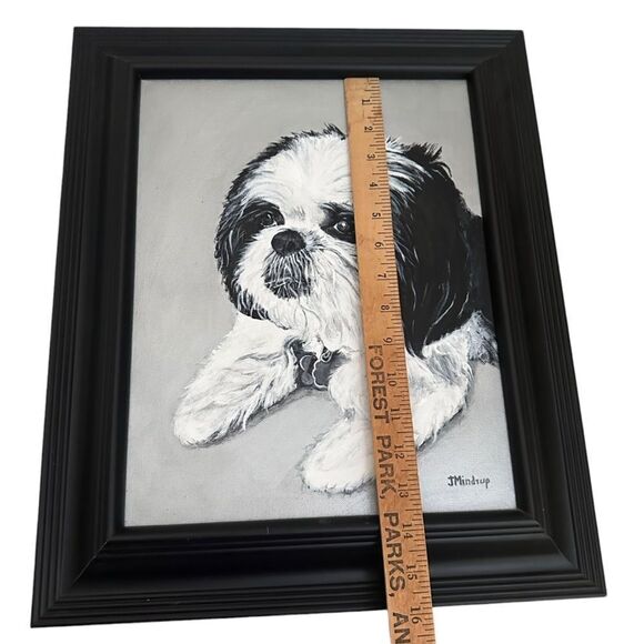 Shih Tzu Dog Puppy Artist Signed Painting Portrait Black Frame 15”x18” Eclectic - Picture 8 of 11